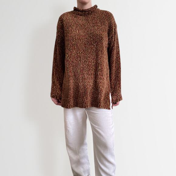 Vintage Earthy Chenille Sweater Sz L Rust Brown Mock Neck Longline Pullover - Picture 3 of 5